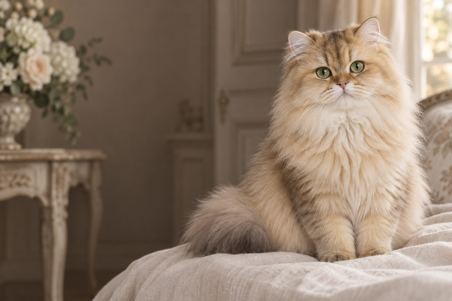 Un British Longhair golden aux yeux verts, sur un plaid ivoire